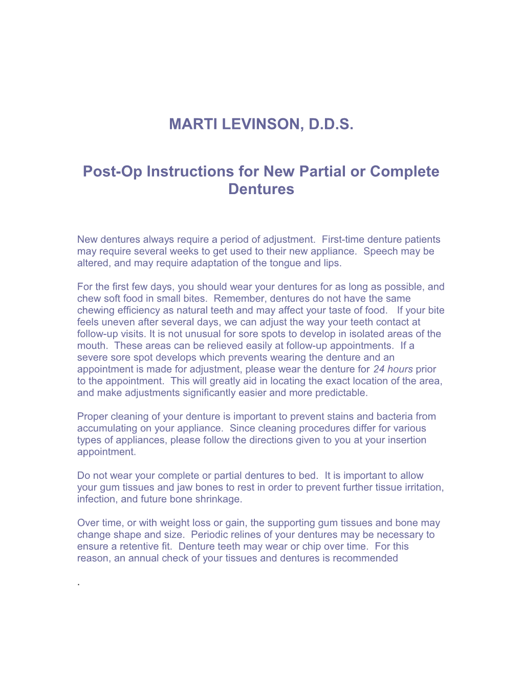 Post-Op Instructions for New Partial Or Complete Dentures