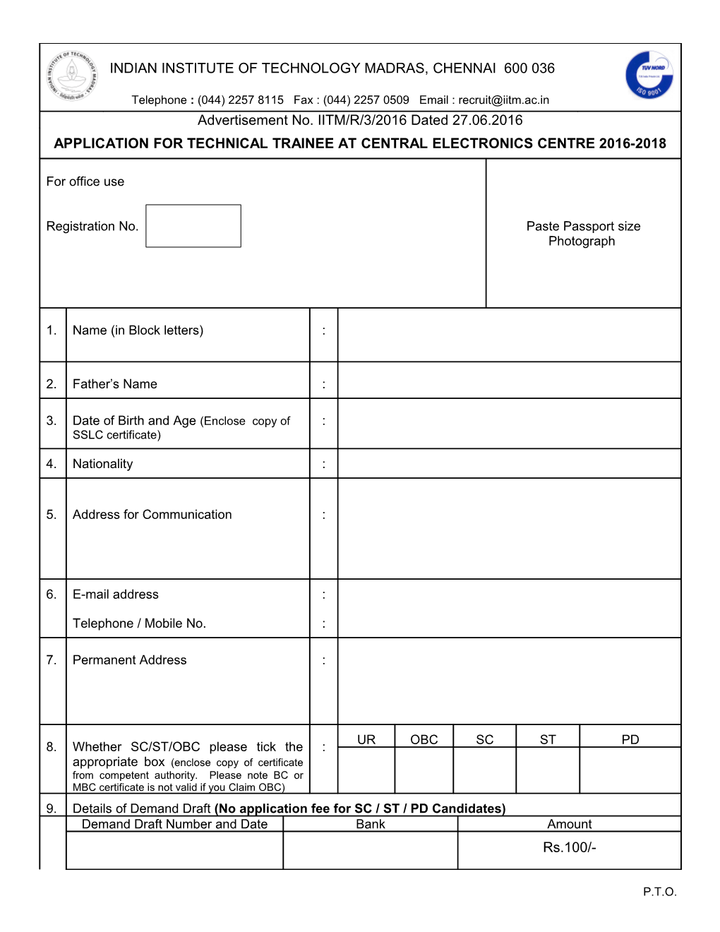 Application for Technical Trainee at Central Electronics Centre 2016-2018