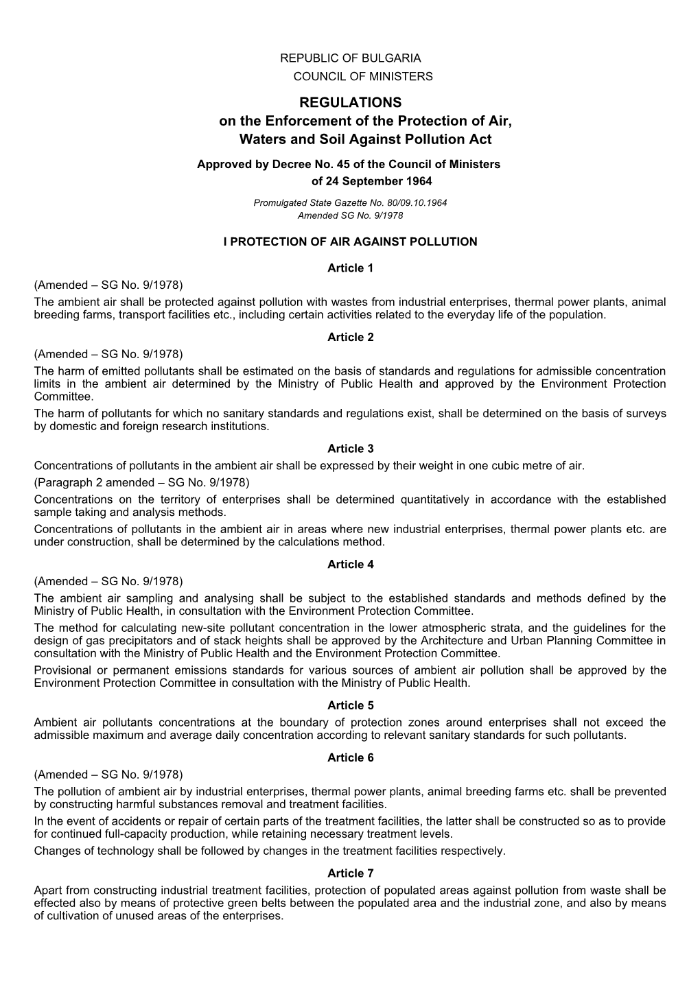 REGULATIONS on the Enforcement of the Protection of Air, Waters and Soil Against Pollution