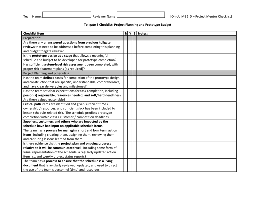 Tollgate 3 Checklist: Project Planning and Prototype Budget