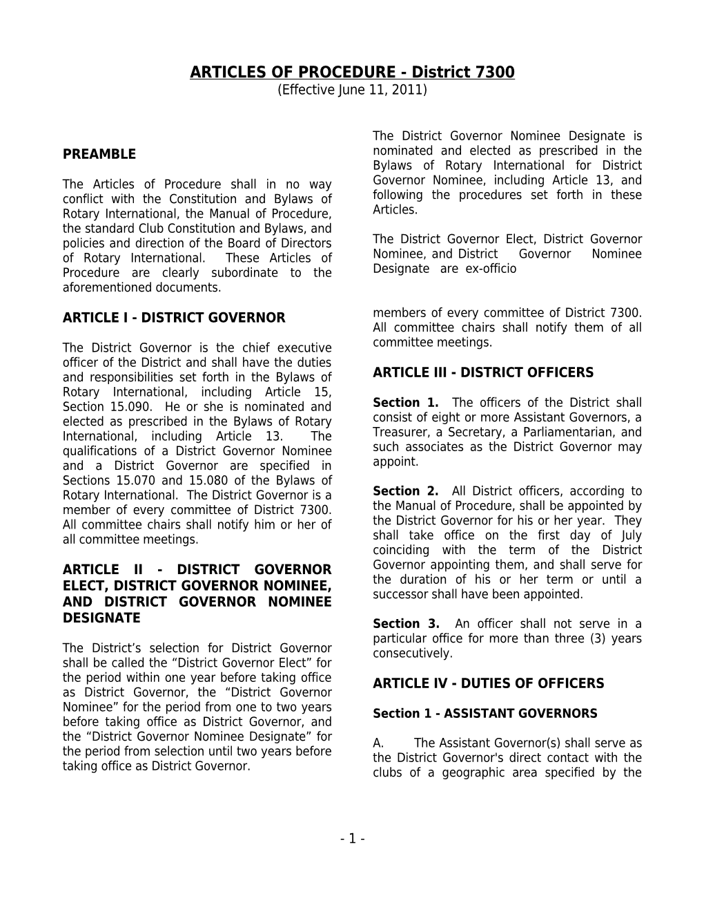 Rotary D7300 Articles of Procedure (As Amended 6-11-2011) (D0100955;1)