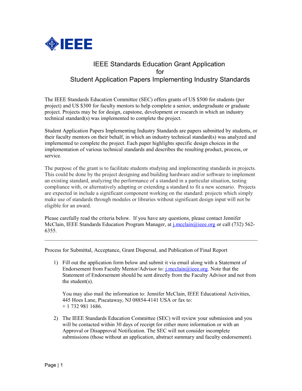 IEEE Standards Education Grant Application for Student Application Papers Implementing