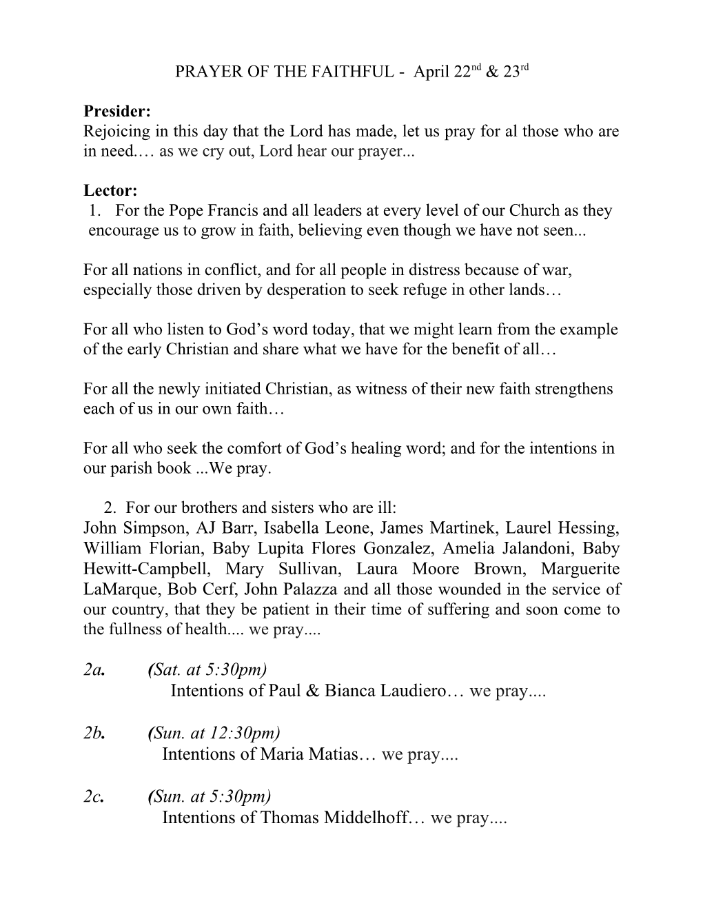 PRAYER of the FAITHFUL - April 22Nd & 23Rd