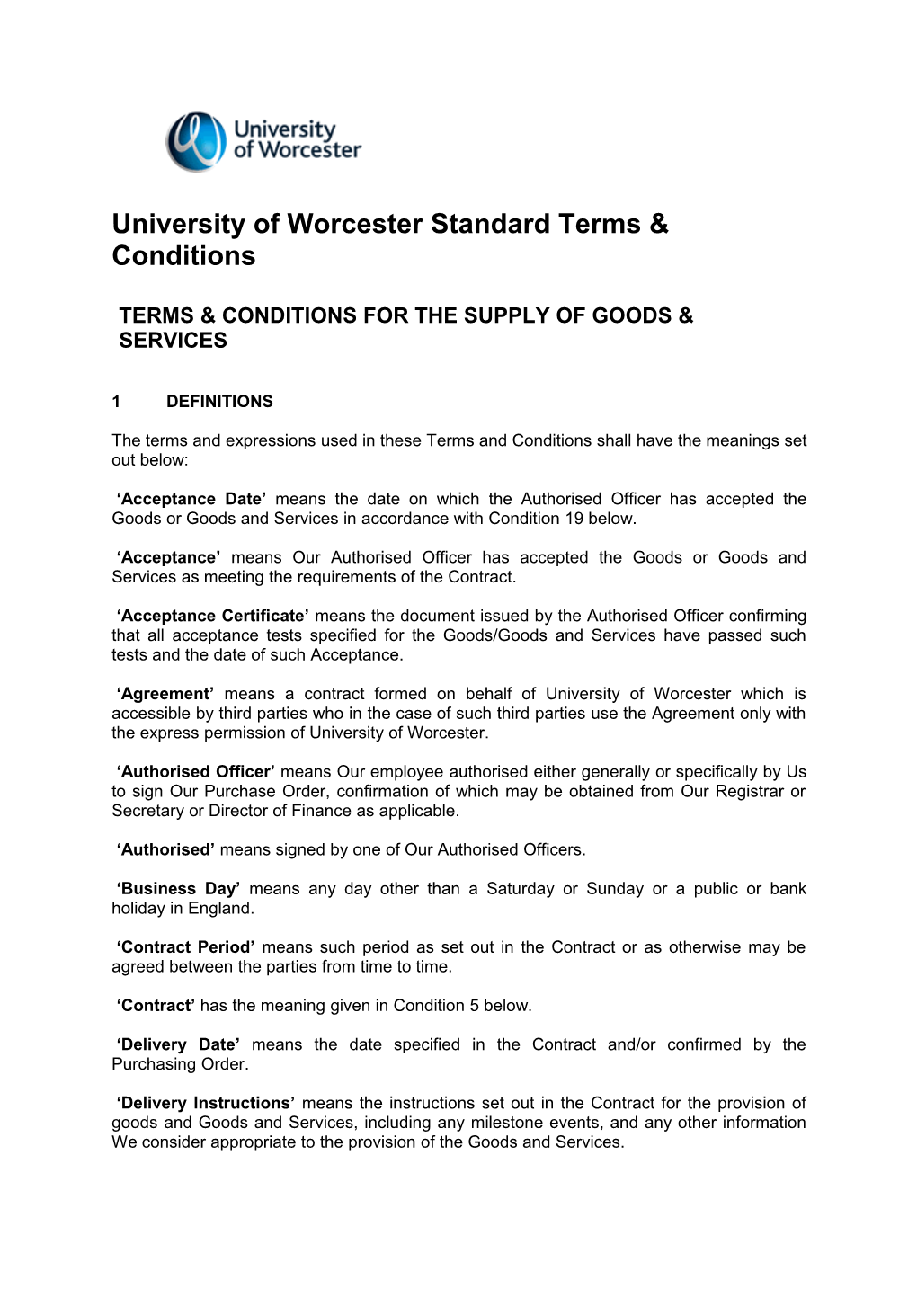 University of Worcester Standard Terms & Conditions