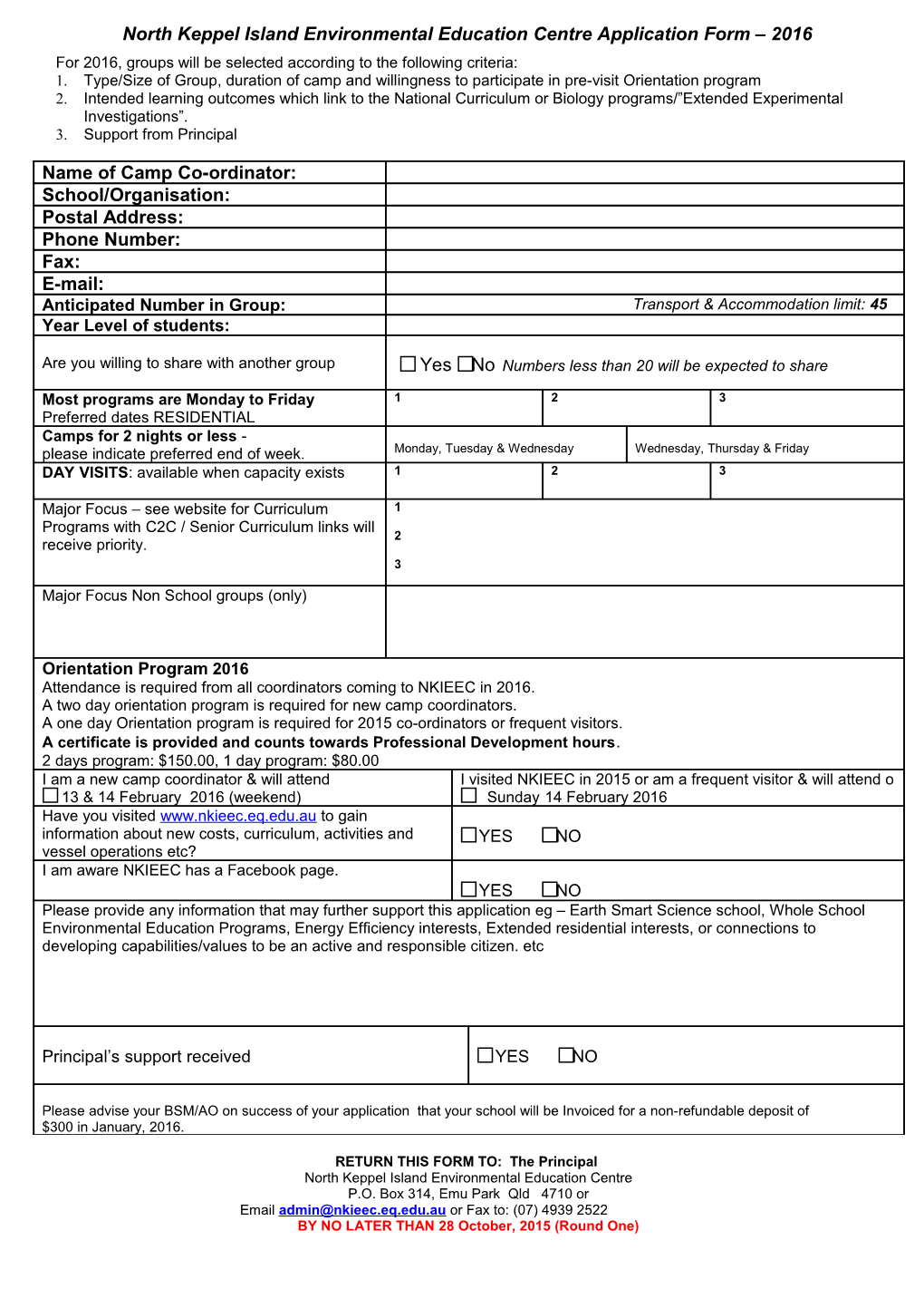 Booking Application Form 2016