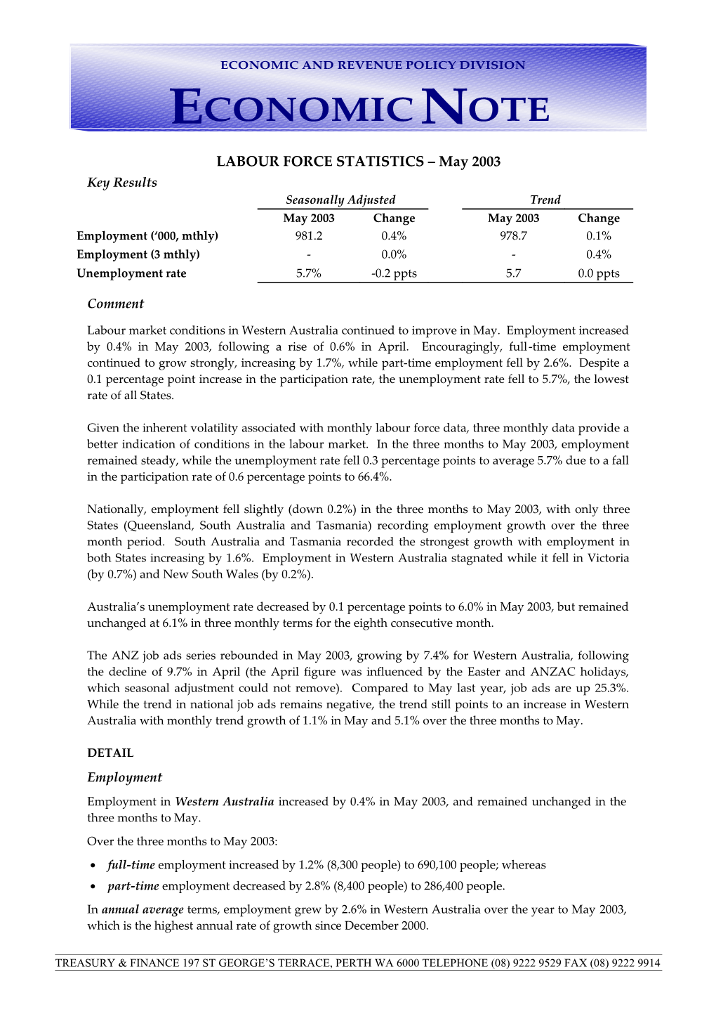 LABOUR FORCE STATISTICS May 2003