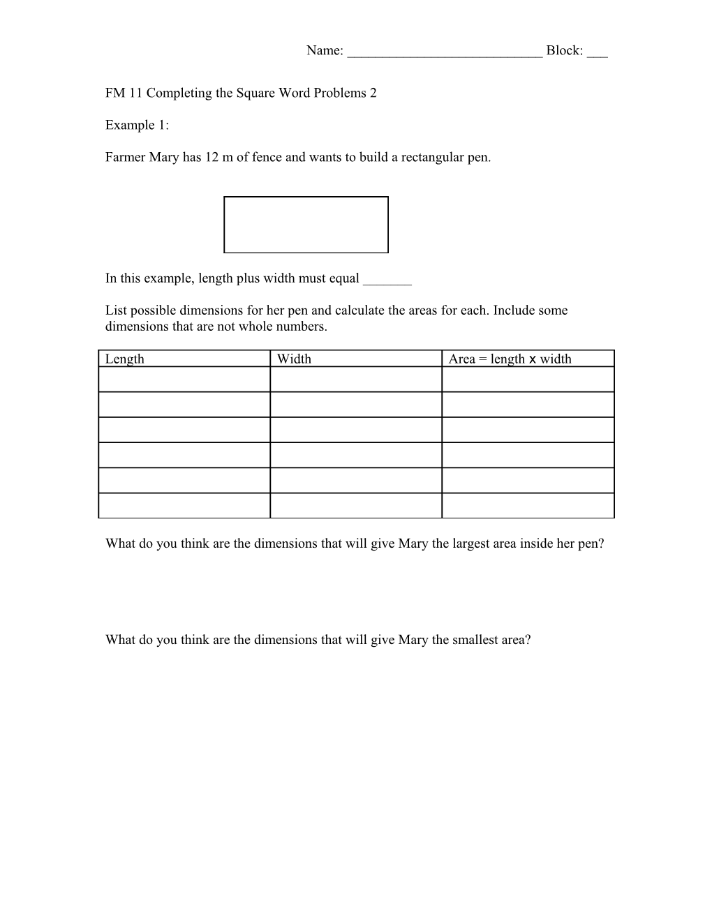 FM 11 Completing the Square Word Problems 2