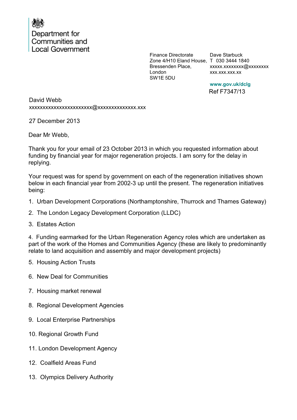 1. Urban Development Corporations (Northamptonshire, Thurrock and Thames Gateway)
