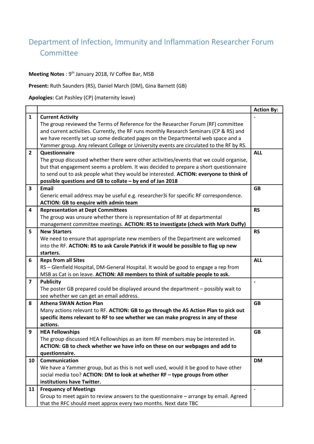 Department of Infection, Immunity and Inflammation Researcher Forum Committee