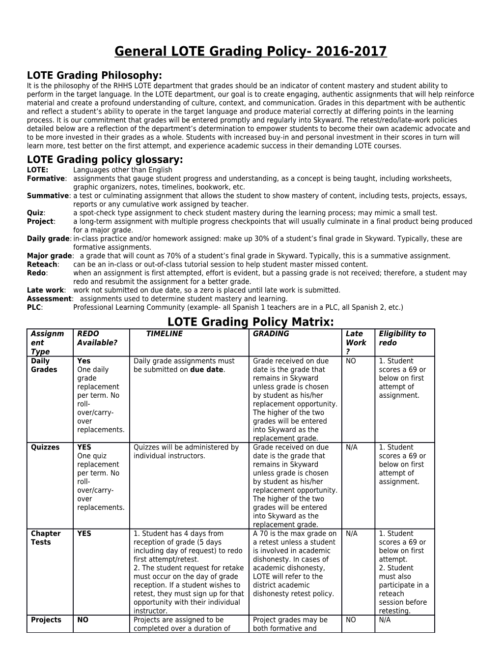 General LOTE Grading Policy- 2016-2017