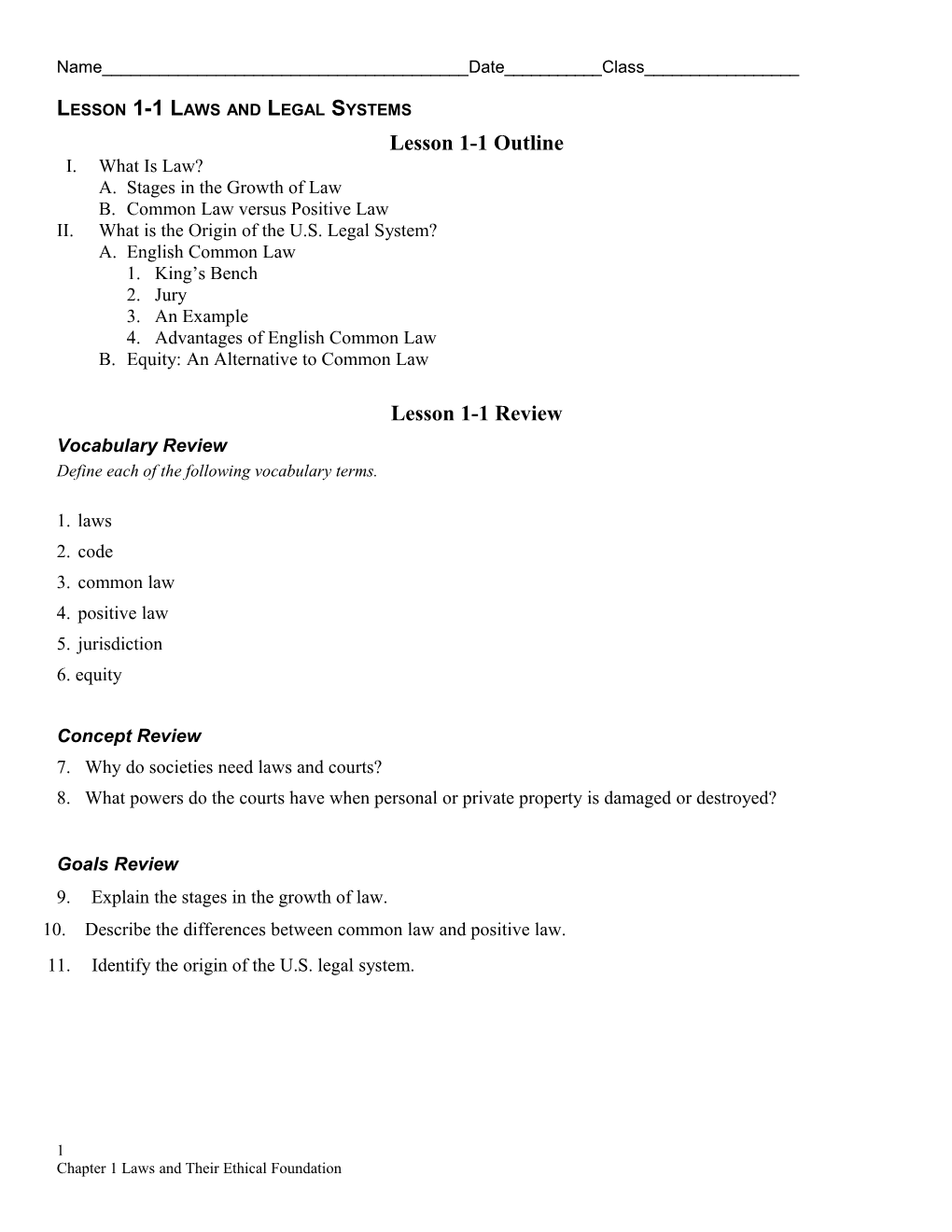 Lesson 1-1 Laws and Legal Systems