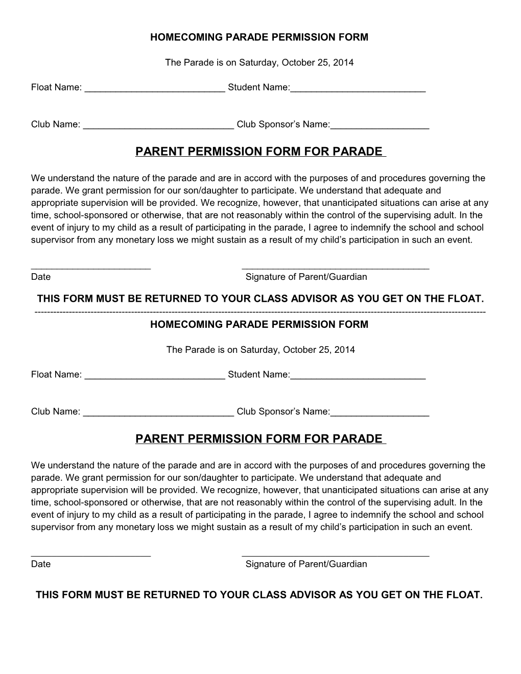 Homecoming Parade Permission Form