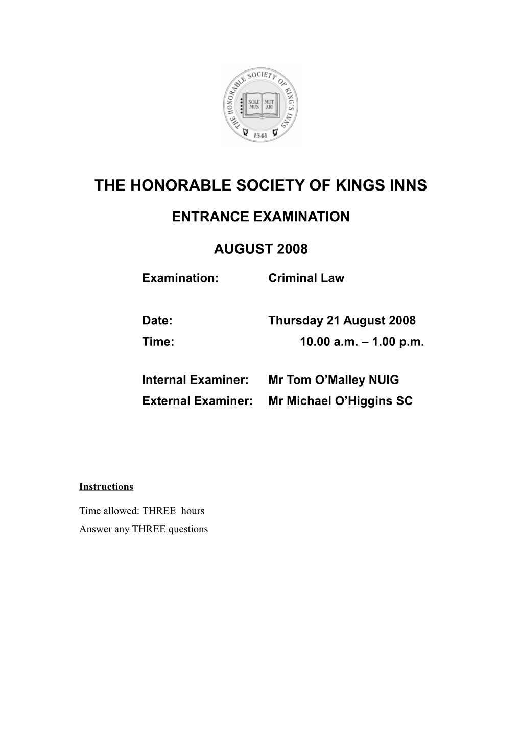 King S Inns Entry Examination 2008