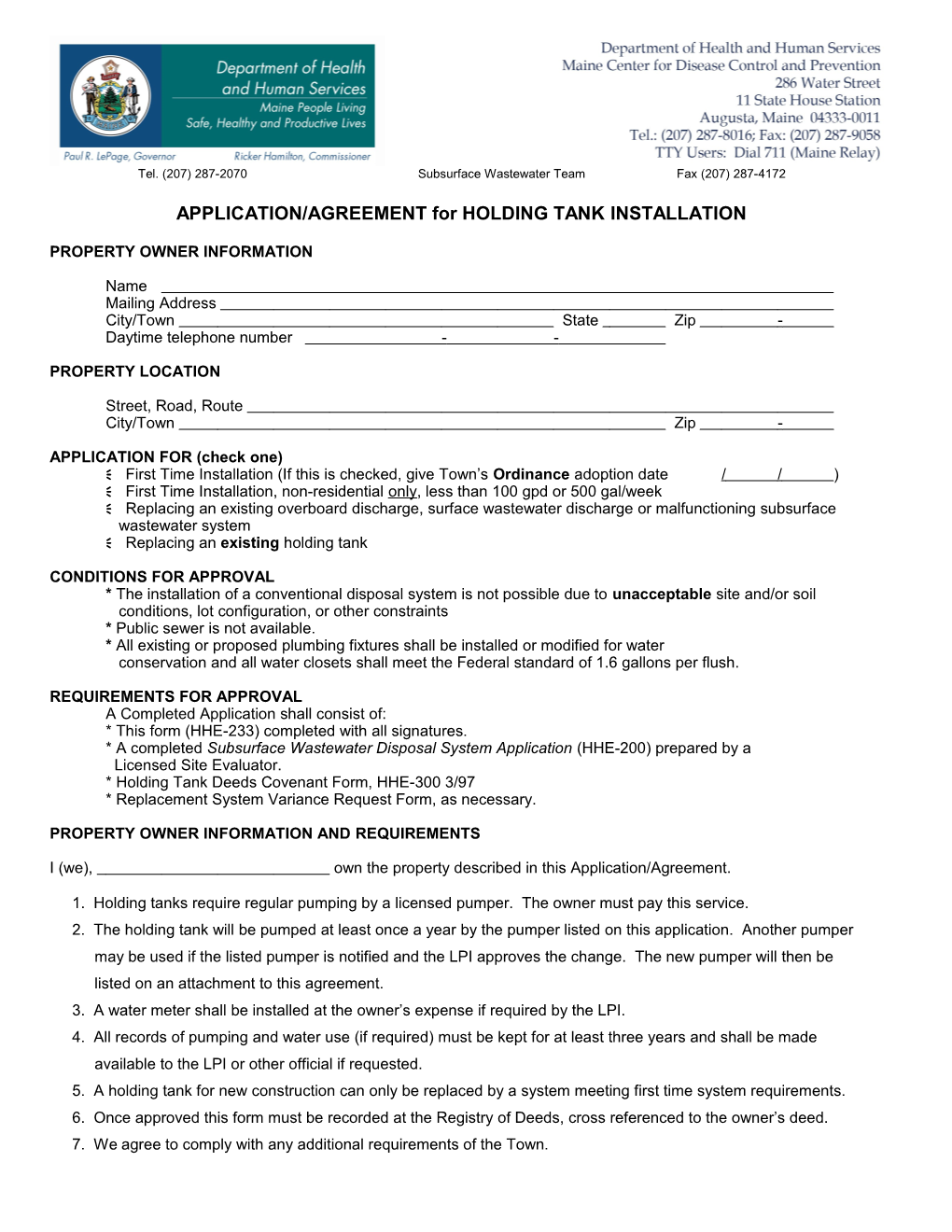 APPLICATION/AGREEMENT for HOLDING TANK INSTALLATION