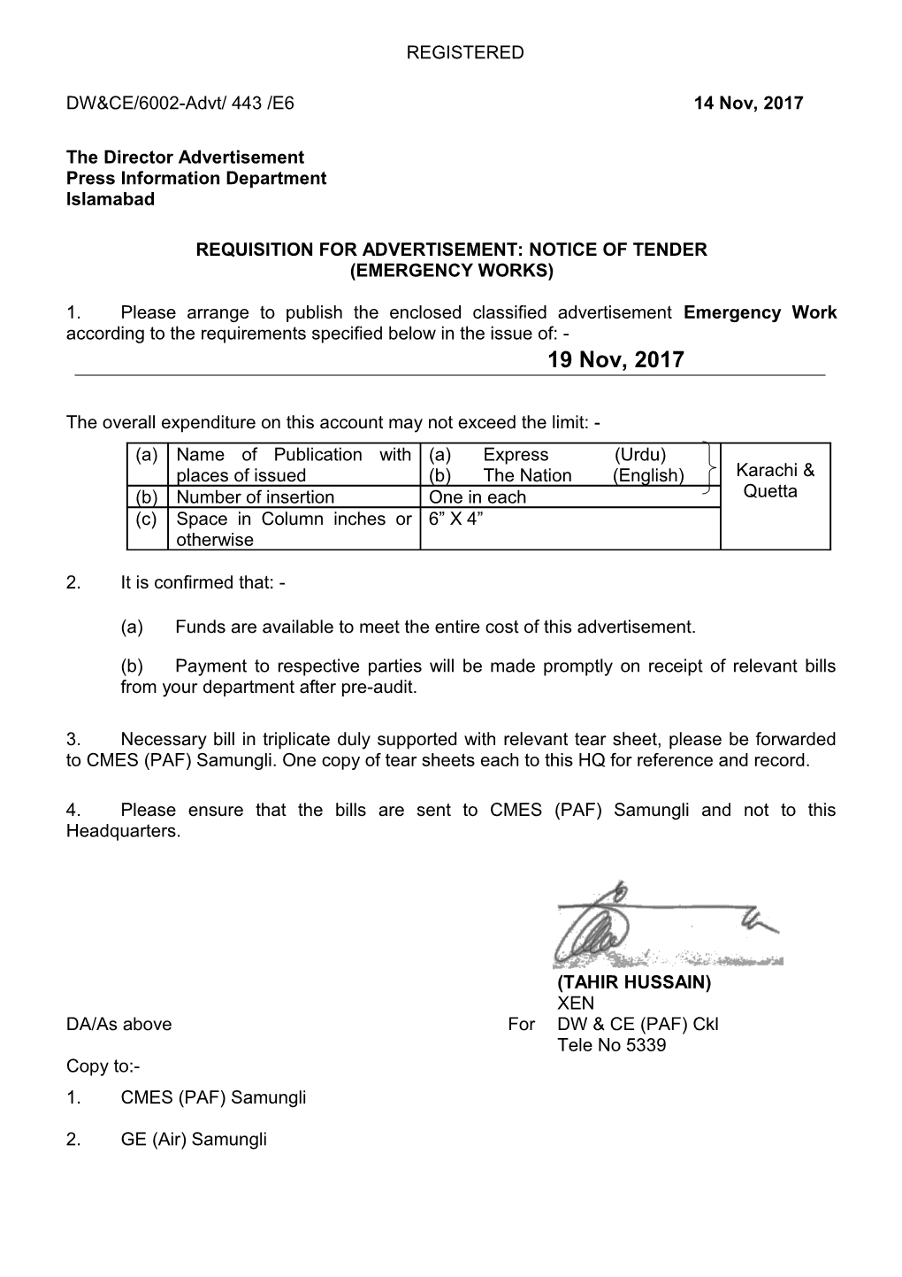 Requisition for Advertisement: Notice of Tender s1