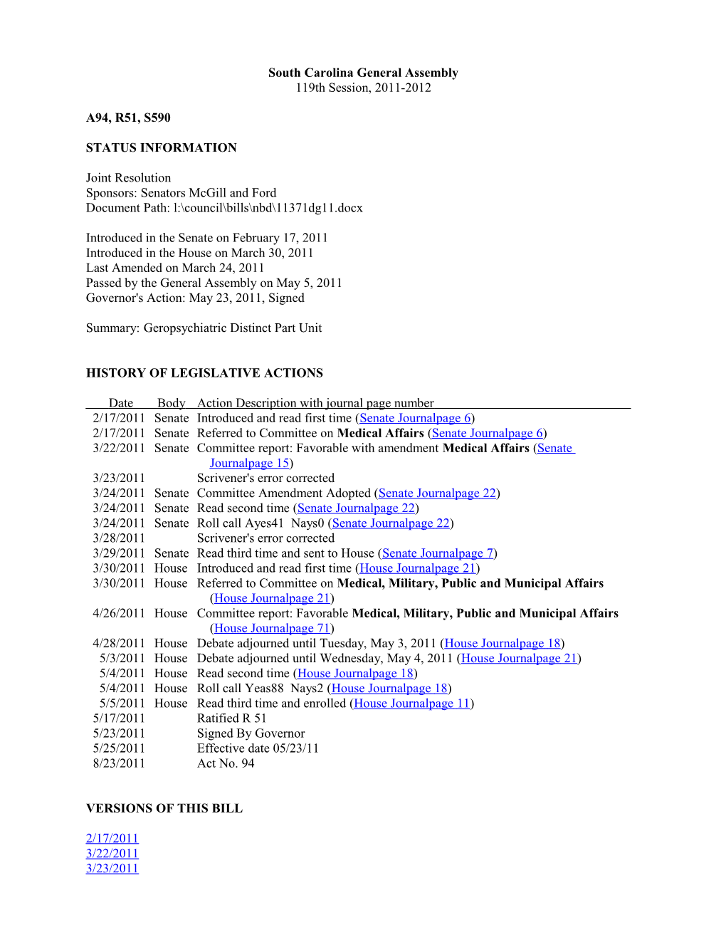 2011-2012 Bill 590: Geropsychiatric Distinct Part Unit - South Carolina Legislature Online