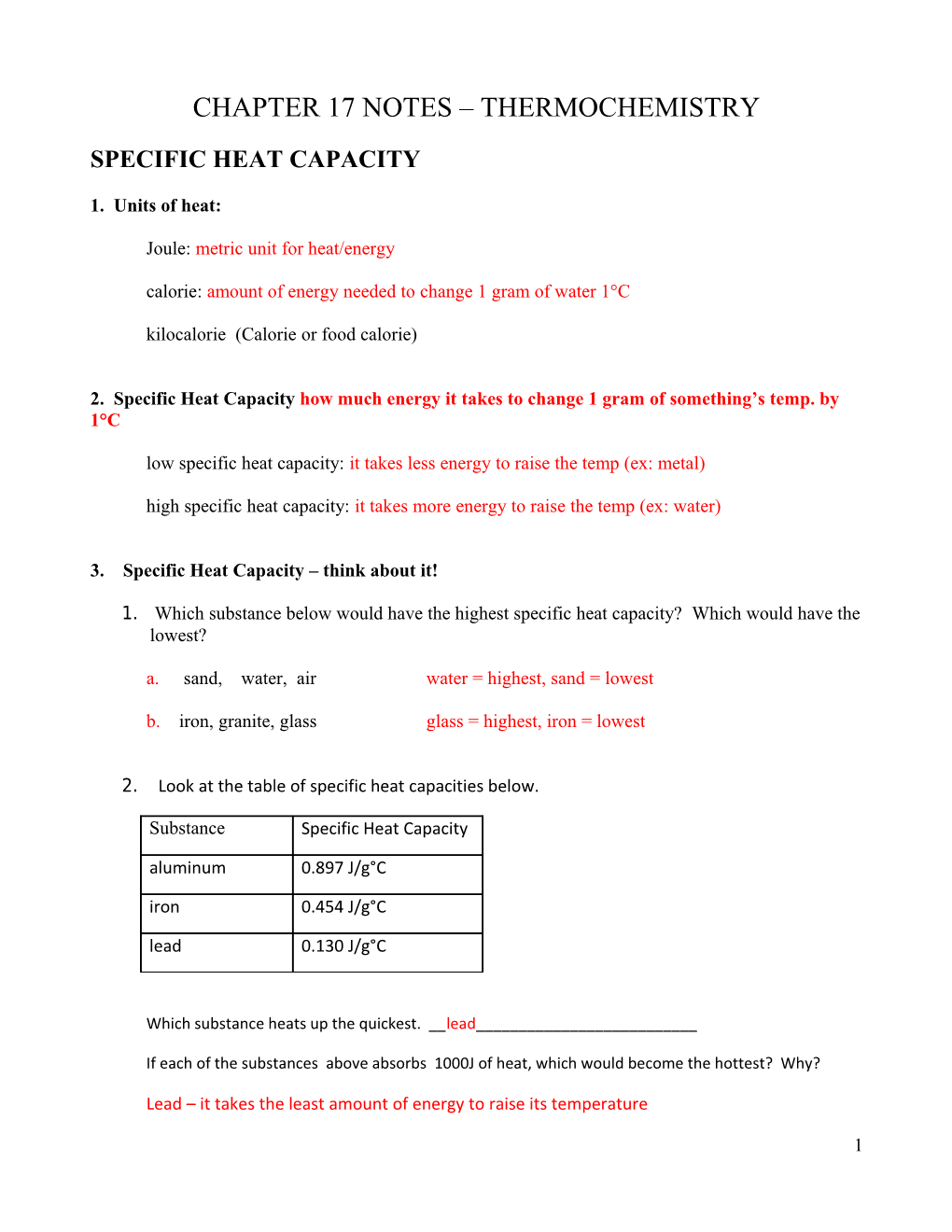 Specific Heat Capacity and Calorimetry
