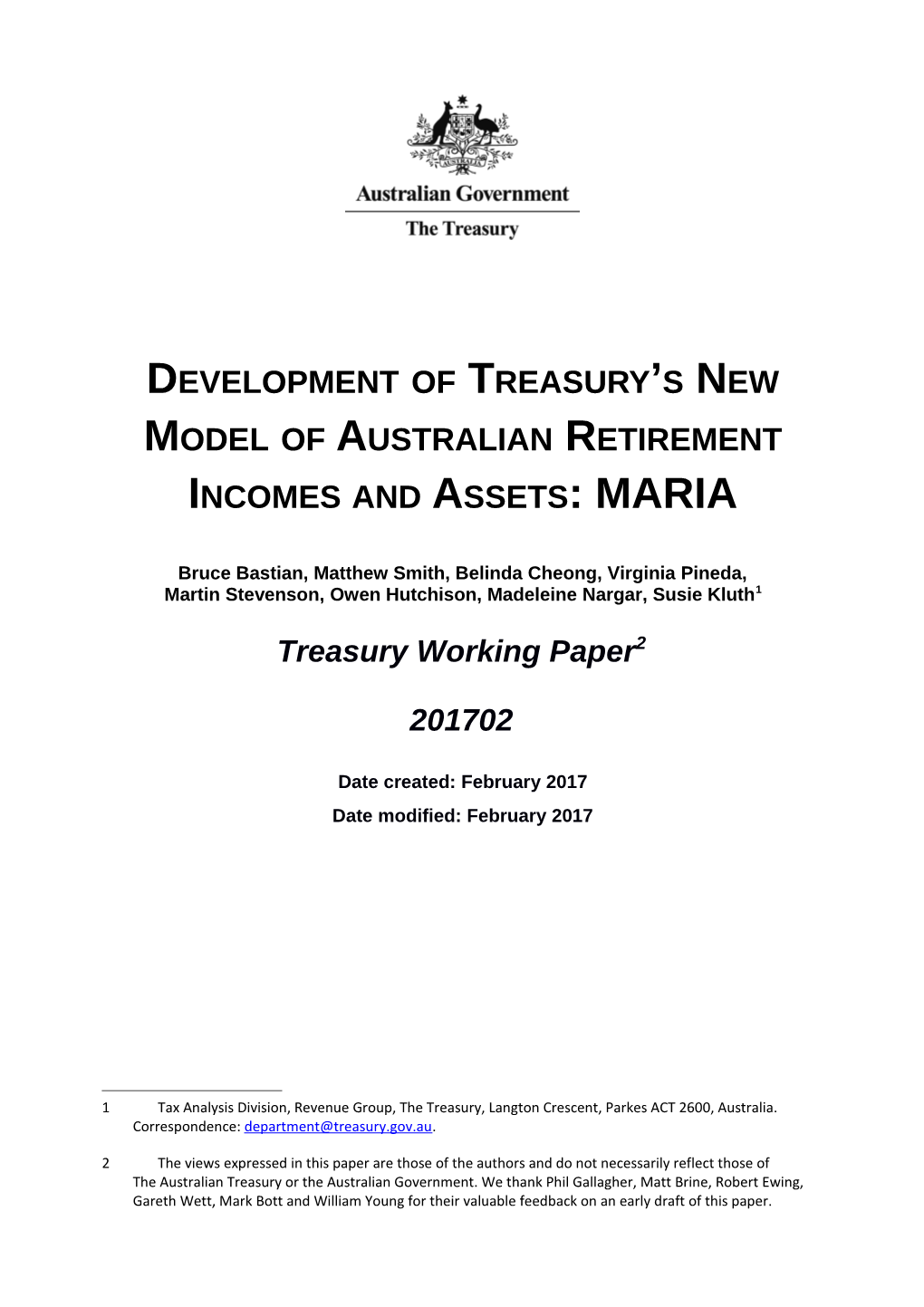 Development of Treasury S New Model of Australian Retirement Incomes and Assets: MARIA