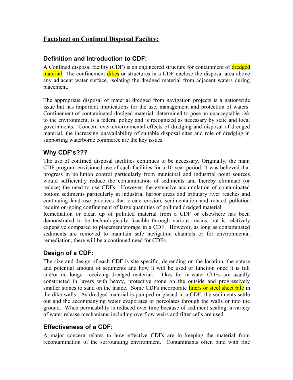 Factsheet on Confined Disposal Facility