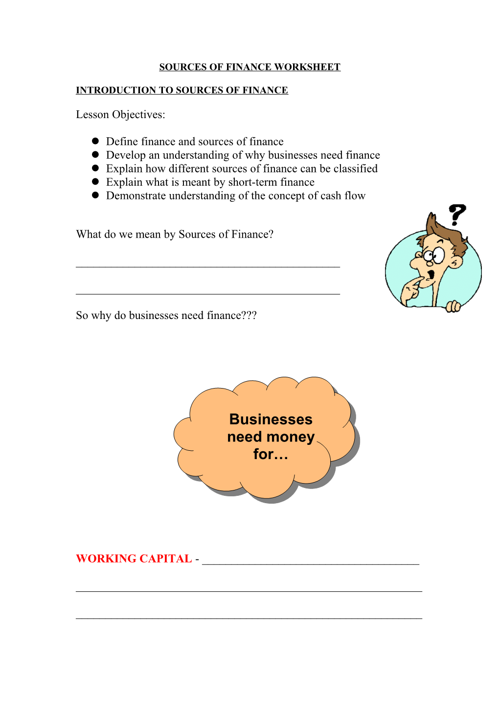 Sources of Finance Worksheet