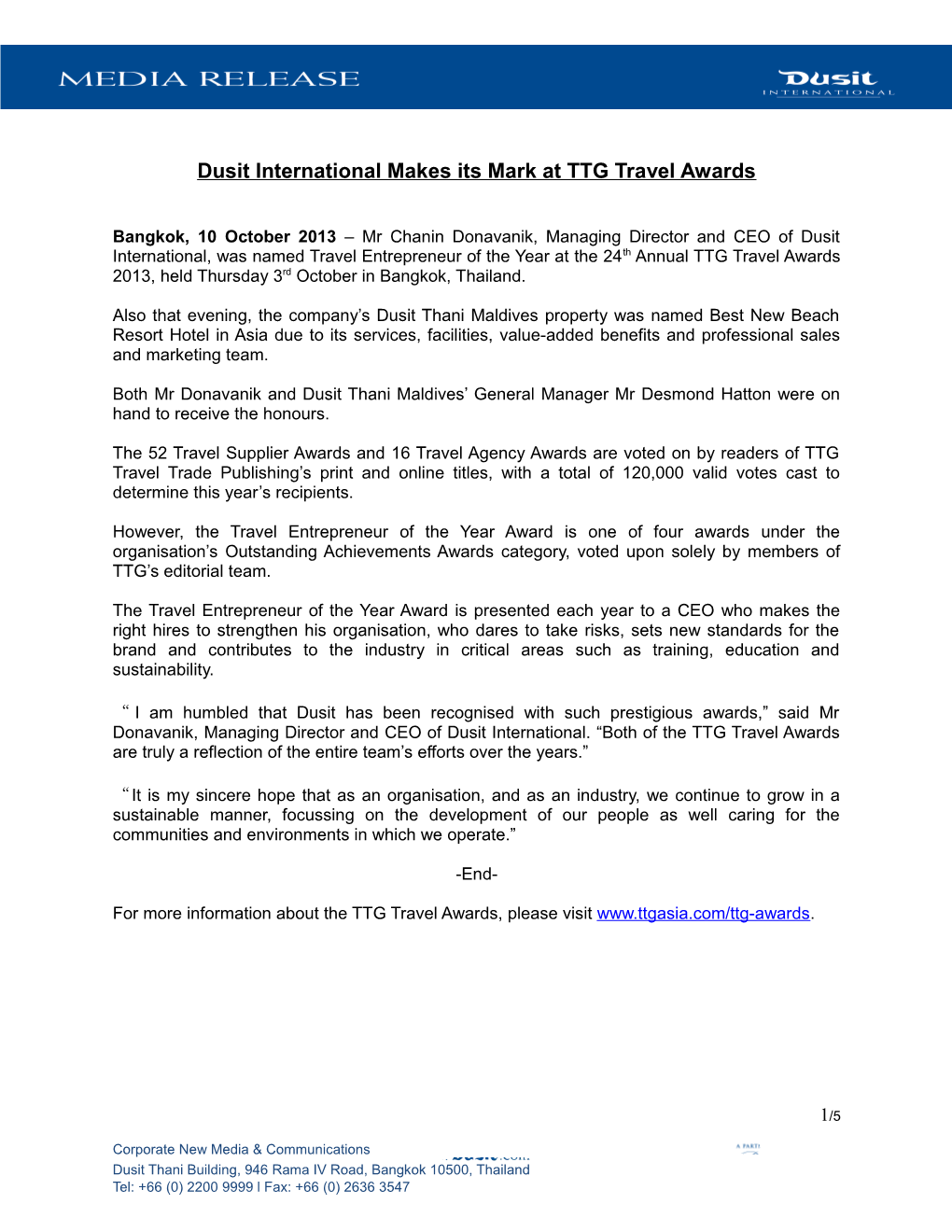 Dusit International Makes Its Mark at TTG Travel Awards