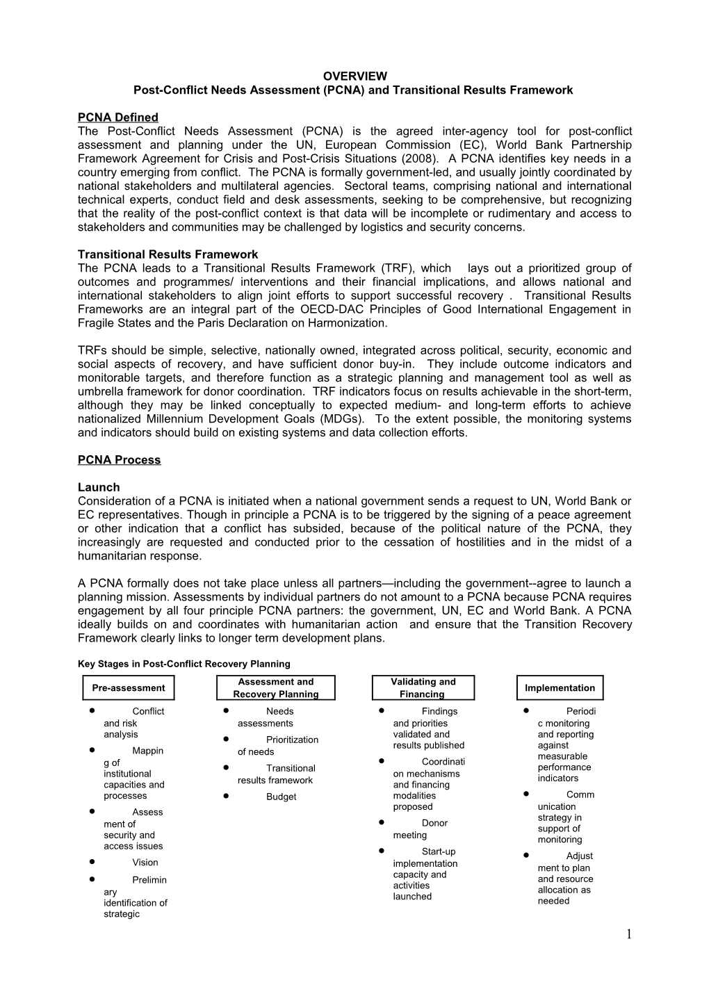 Post-Conflict Needs Assessment (PCNA) and Transitional Results Framework