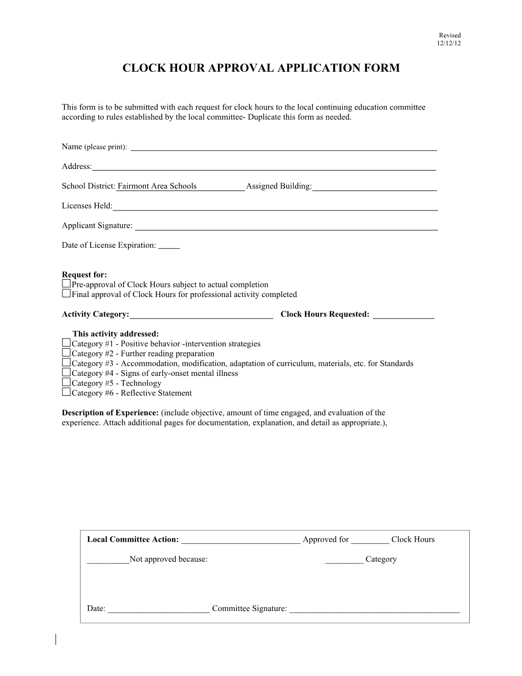Clock Hour Approval Application Form