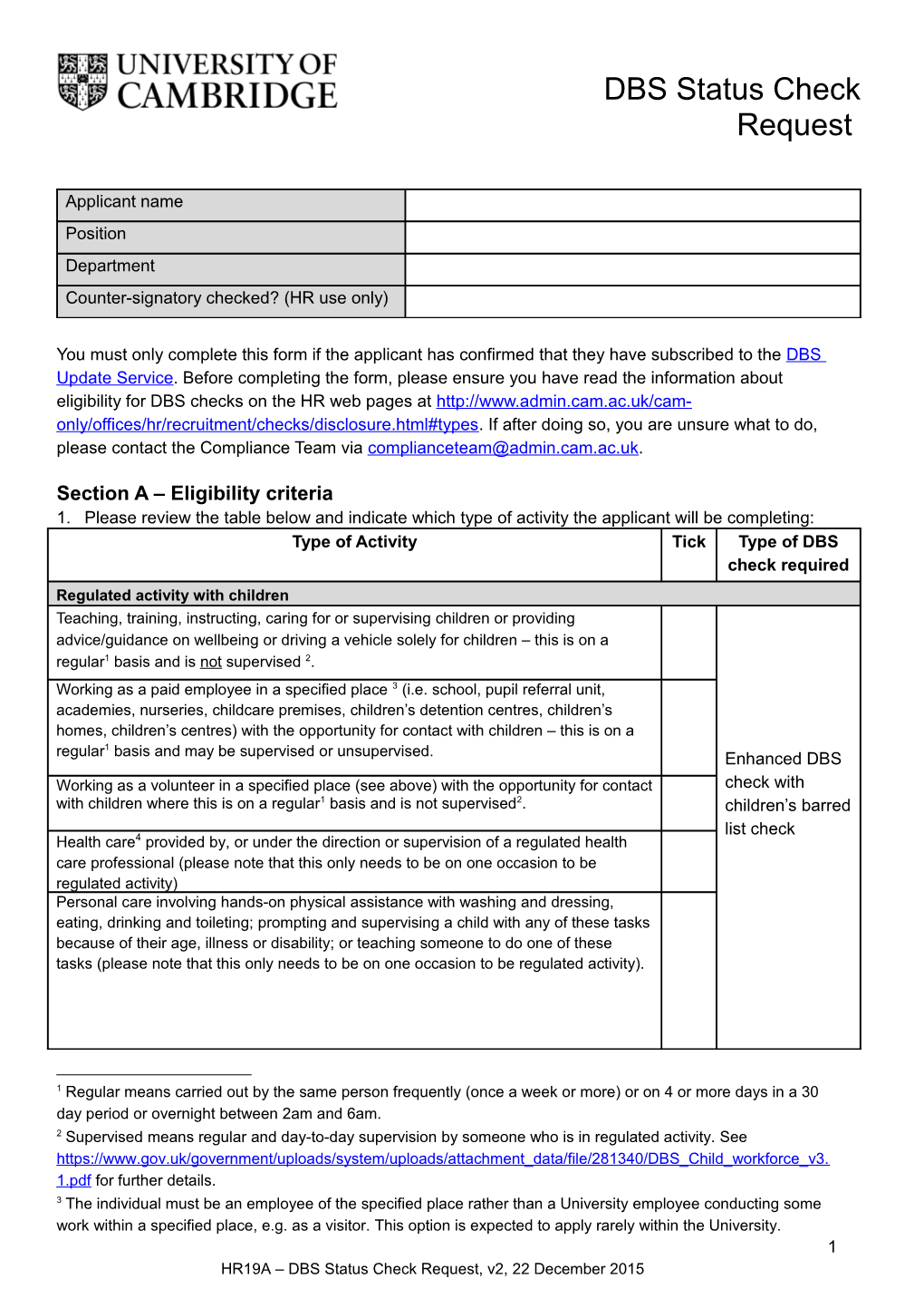 Section a Eligibility Criteria