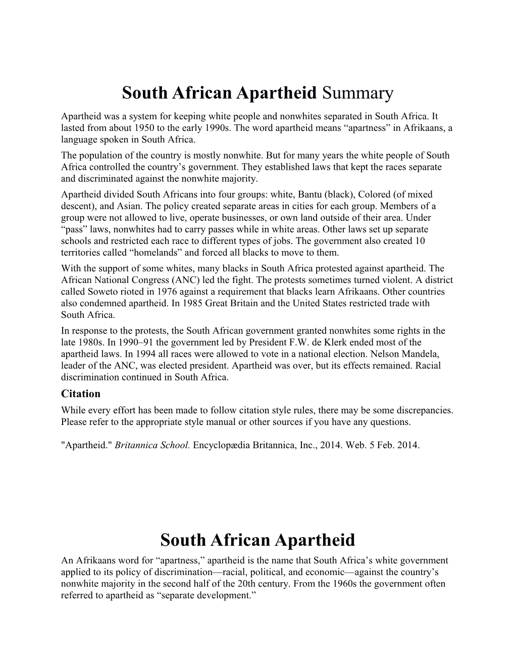 South African Apartheidsummary