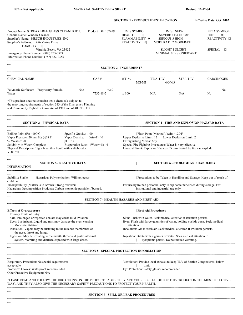 N/A = Not Applicable MATERIAL SAFETY DATA SHEET