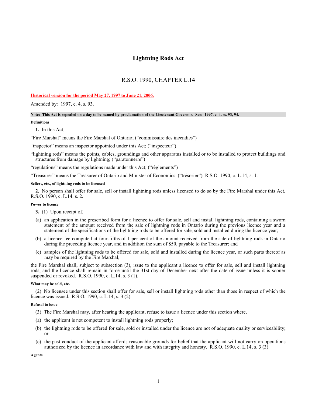 Lightning Rods Act, R.S.O. 1990, C. L.14