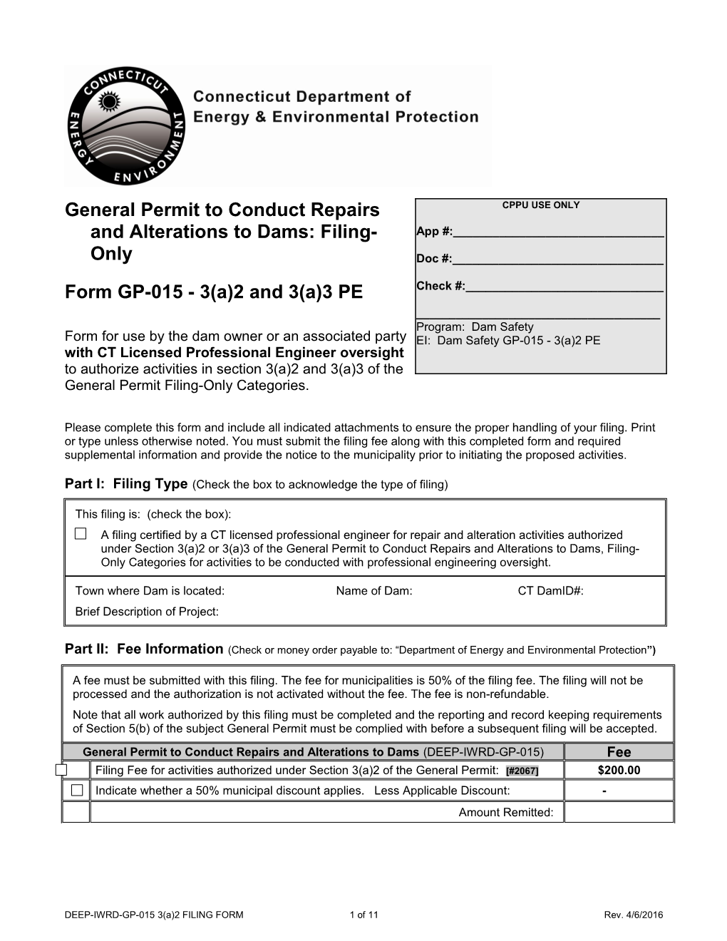 General Permit Registration Form to Conduct Repairs and Alterations to Dams GP-015-PE Required