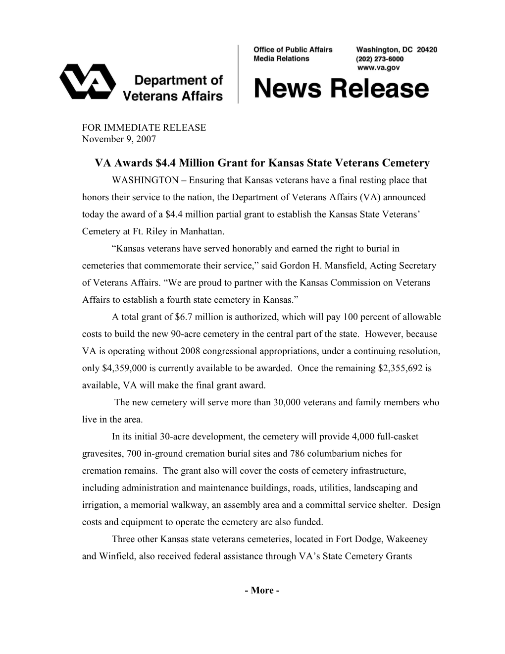 VA Awards $4.4 Million Grant for Kansas State Veterans Cemetery