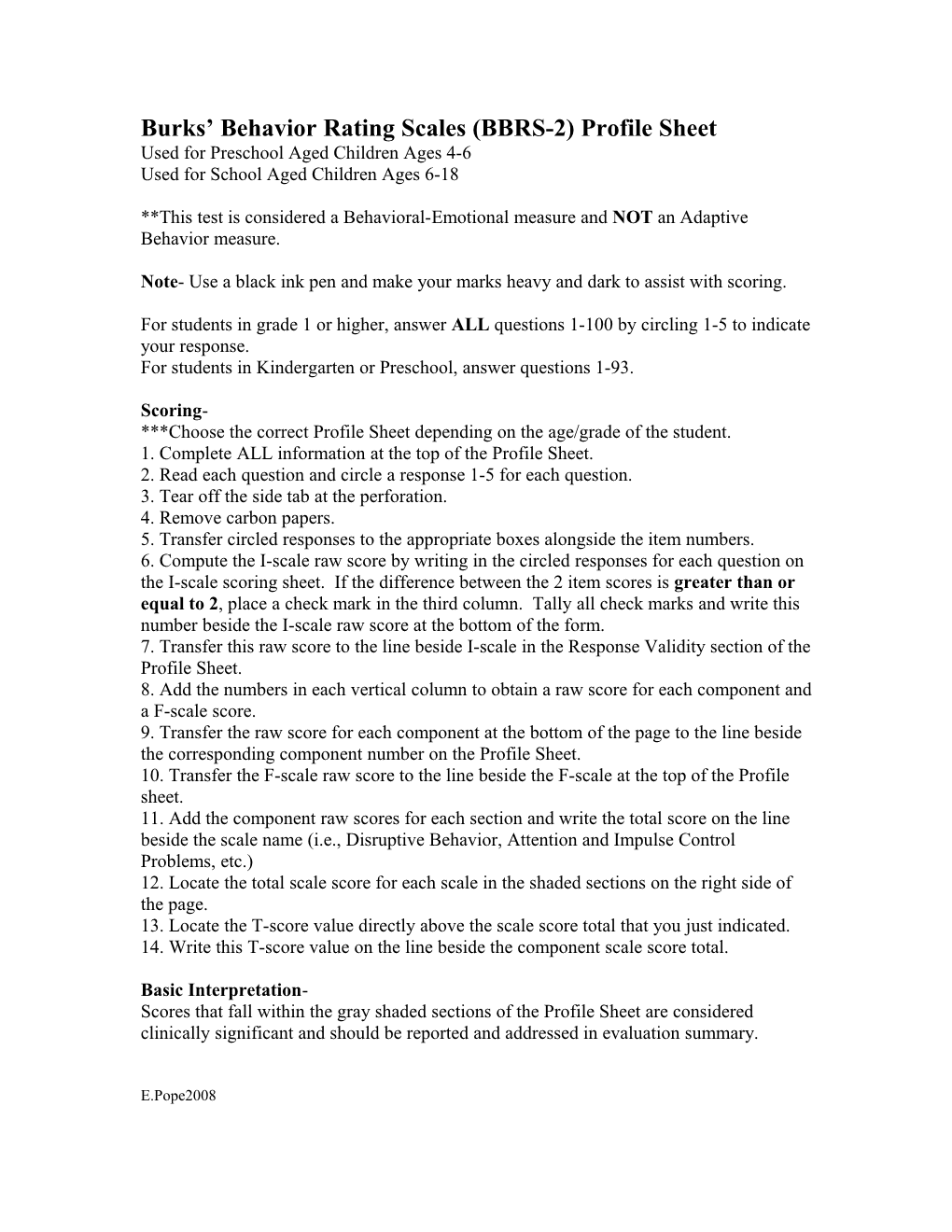 Burks Behavior Rating Scales (BBRS-2) Profile Sheet