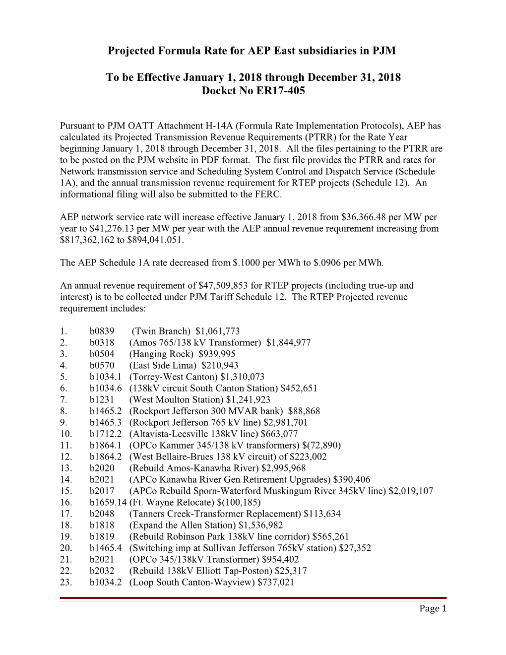 Formula Rate Update for AEP East