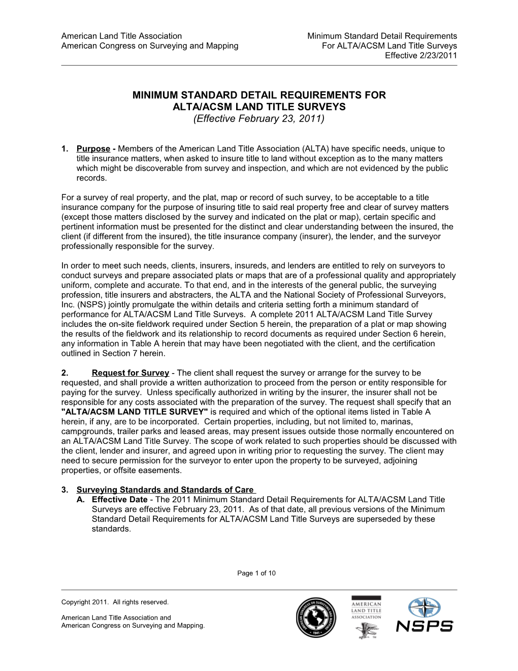 2011 Minimum Standard Detail Requirements for ALTA/ACSM Land Title Surveys