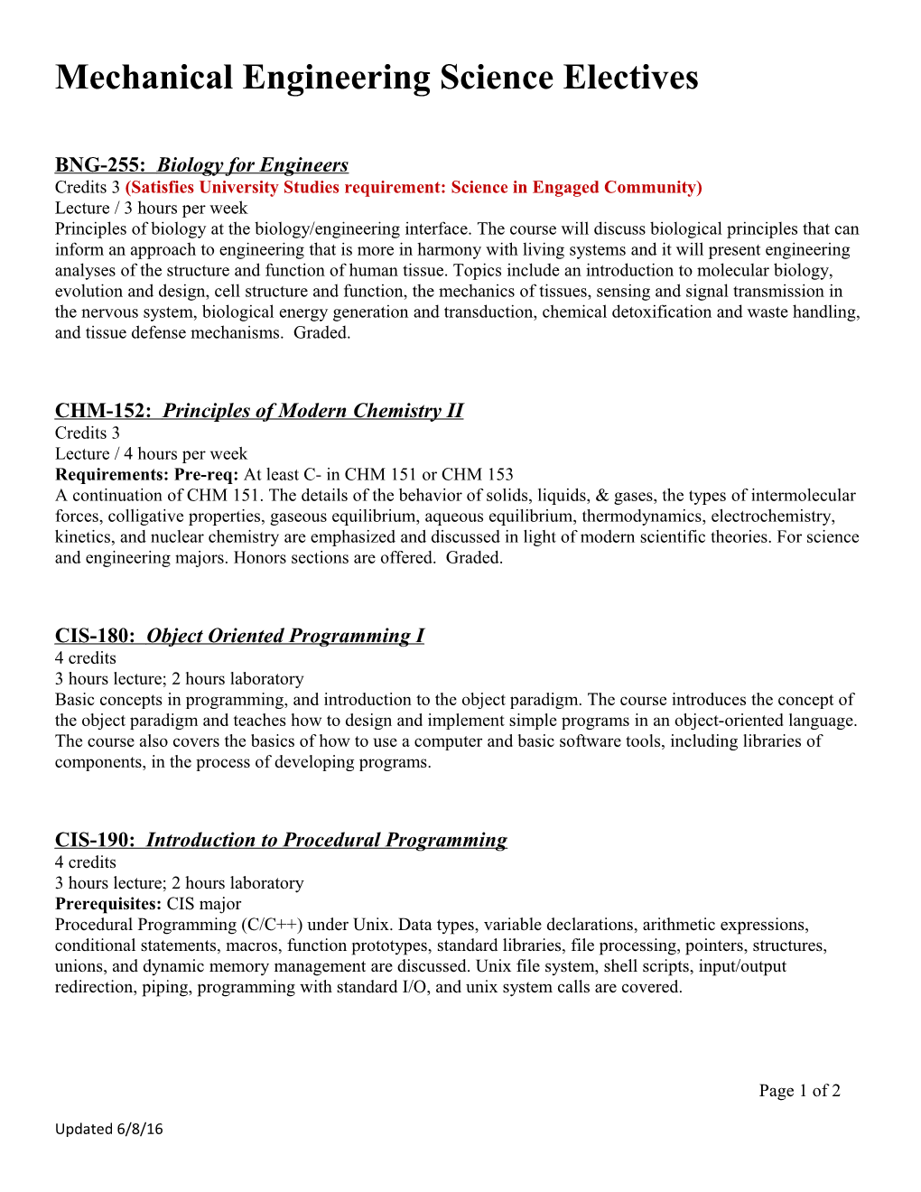 Mechanical Engineering Science Electives