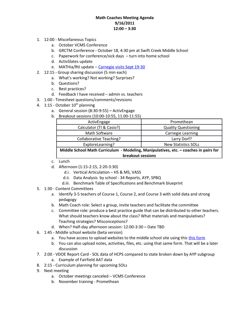 Math Coaches Meeting Agenda