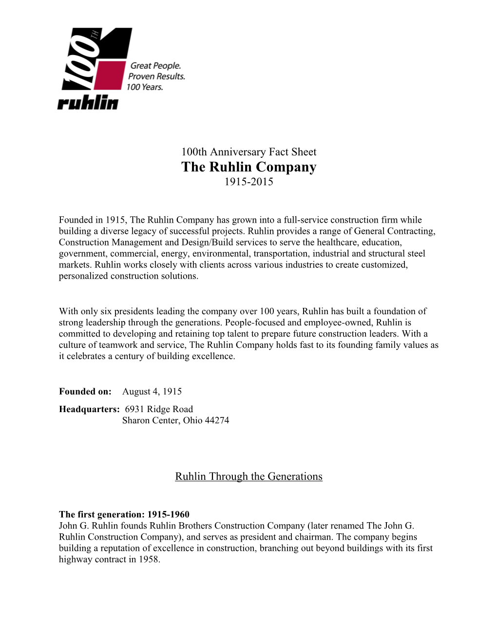 100Th Anniversary Fact Sheet the Ruhlin Company 1915-2015