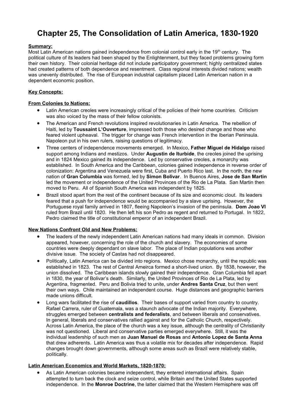 Chapter 25, the Consolidation of Latin America, 1830-1920