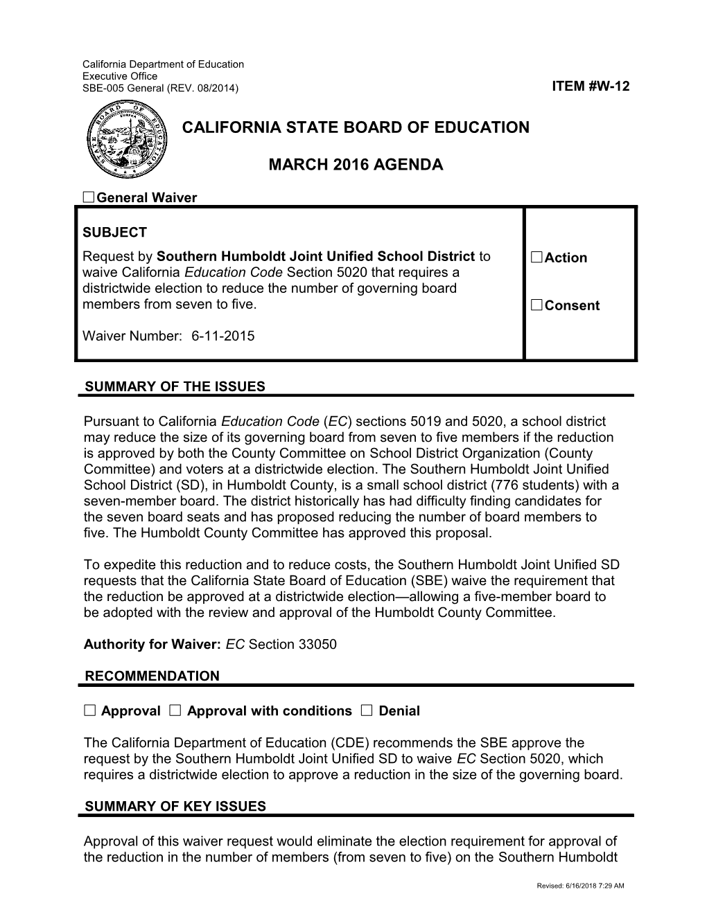 March 2016 Waiver Item W-12 - Meeting Agendas (CA State Board of Education)