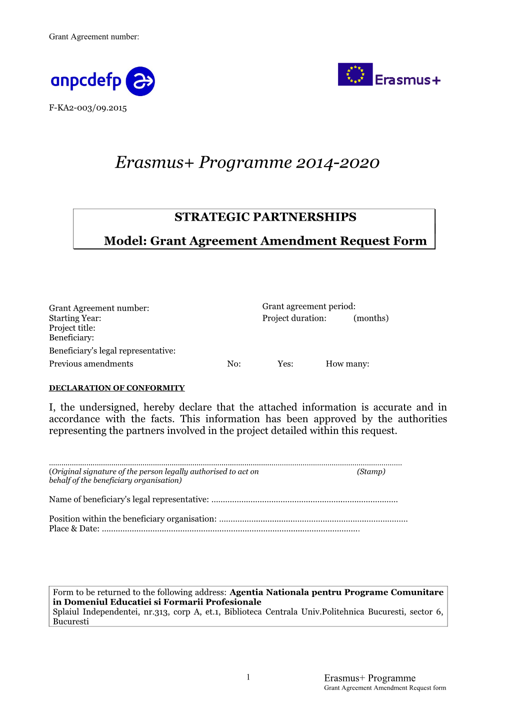 Model: Grant Agreement Amendment Request Form