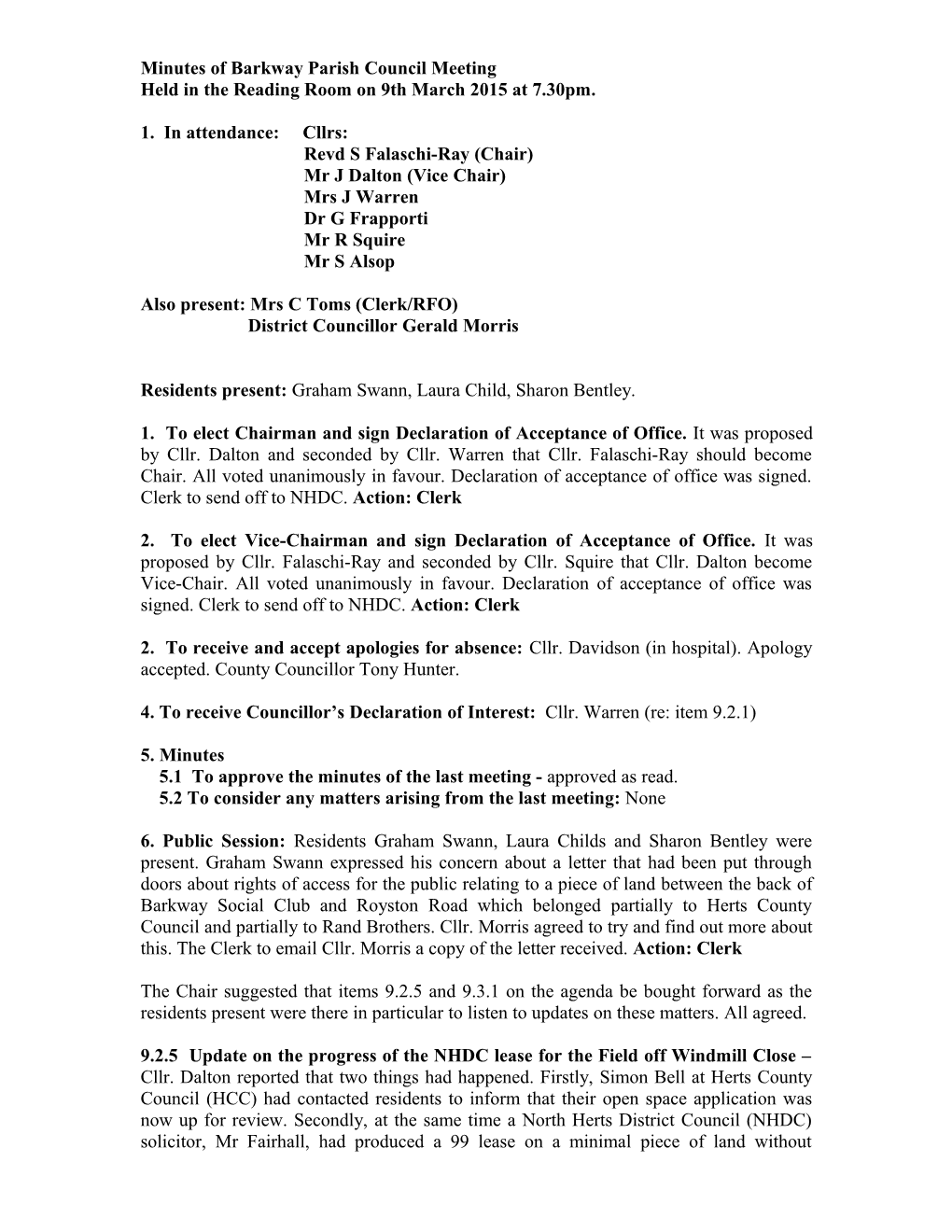Minutes of Barkway Parish Council Meeting