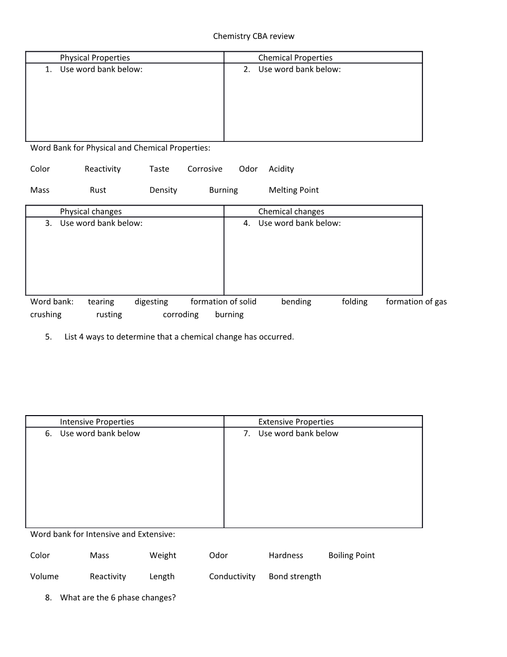Word Bank for Physical and Chemical Properties