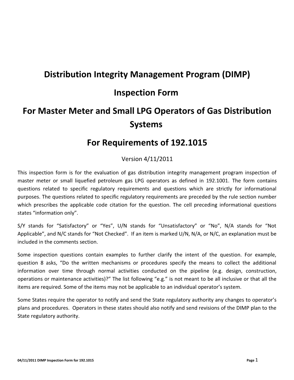 DIMP Inspection Form for 192.1015 Operators