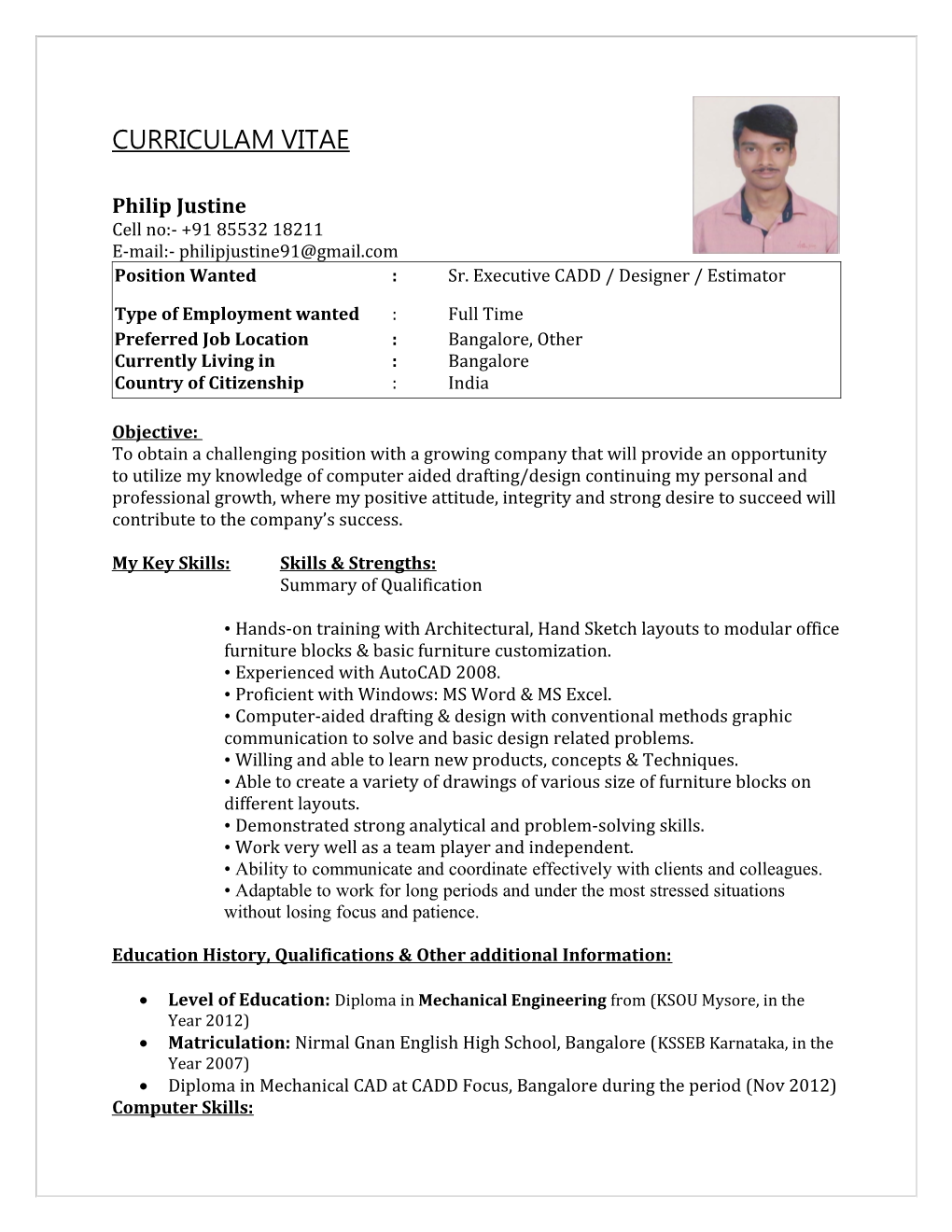 Position Wanted : Sr. Executive CADD / Designer / Estimator