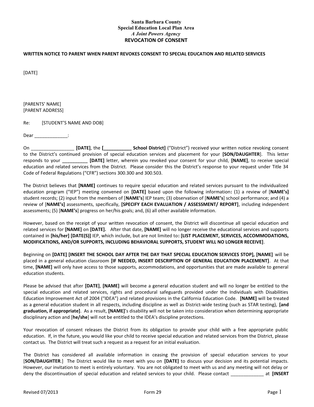 Sample Prior Written Notice Letter to Be Used When Parent Revokes Consent to Special Education