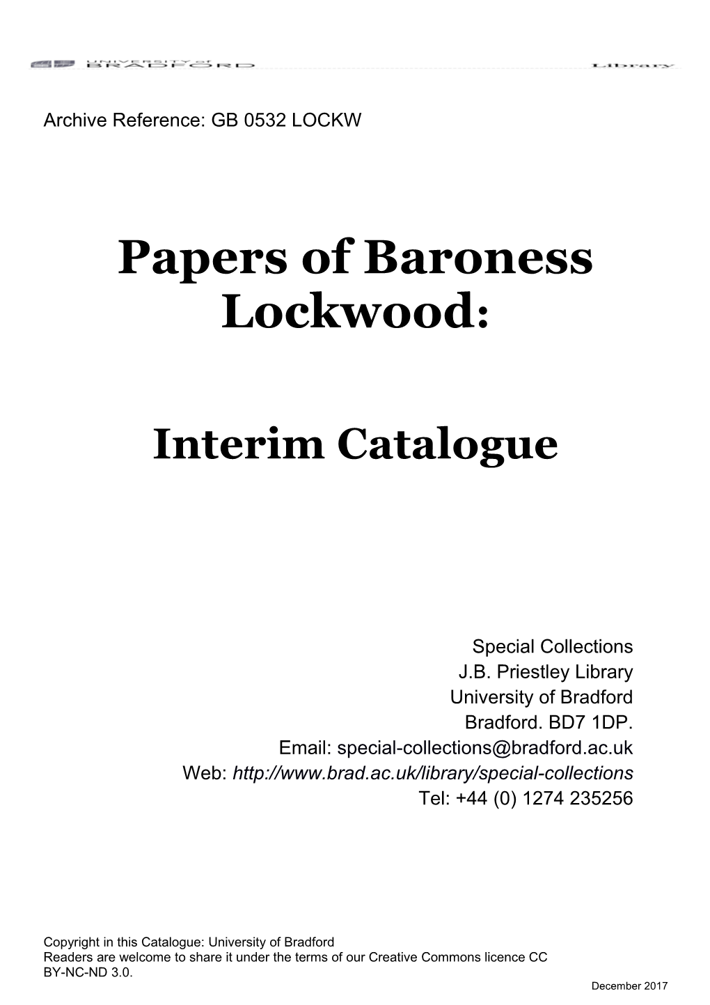 LOCKW Papers of Baroness Lockwood Interim Catalogue Dec 2017