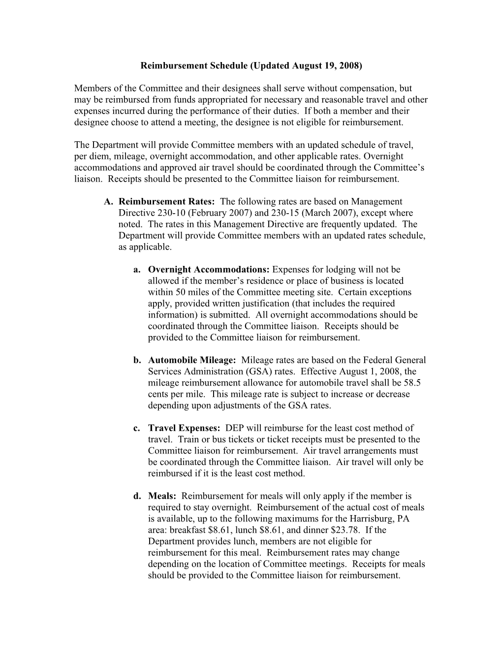 Reimbursement Schedule (Updated August 19, 2008)