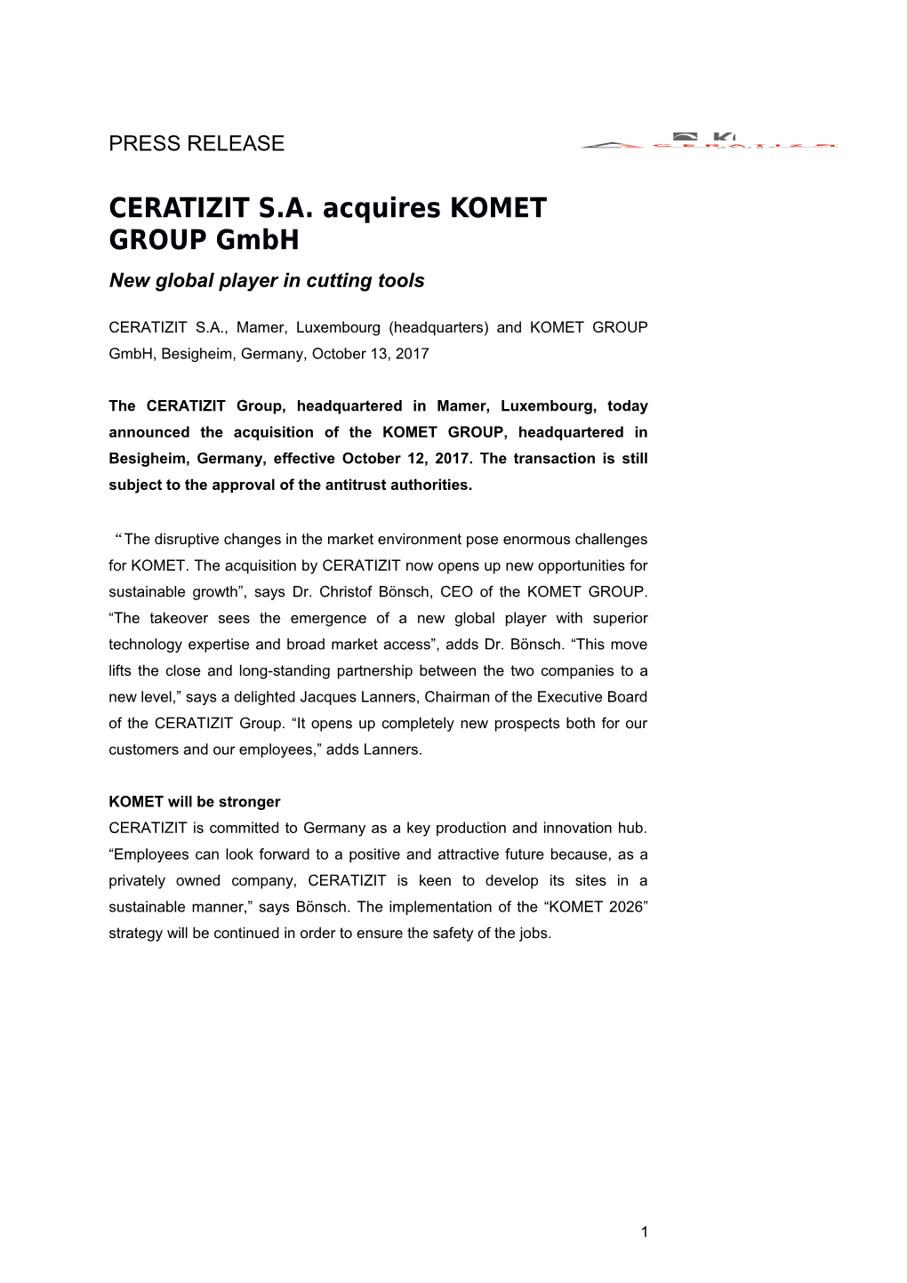 CERATIZIT S.A. Acquires KOMET GROUP Gmbh